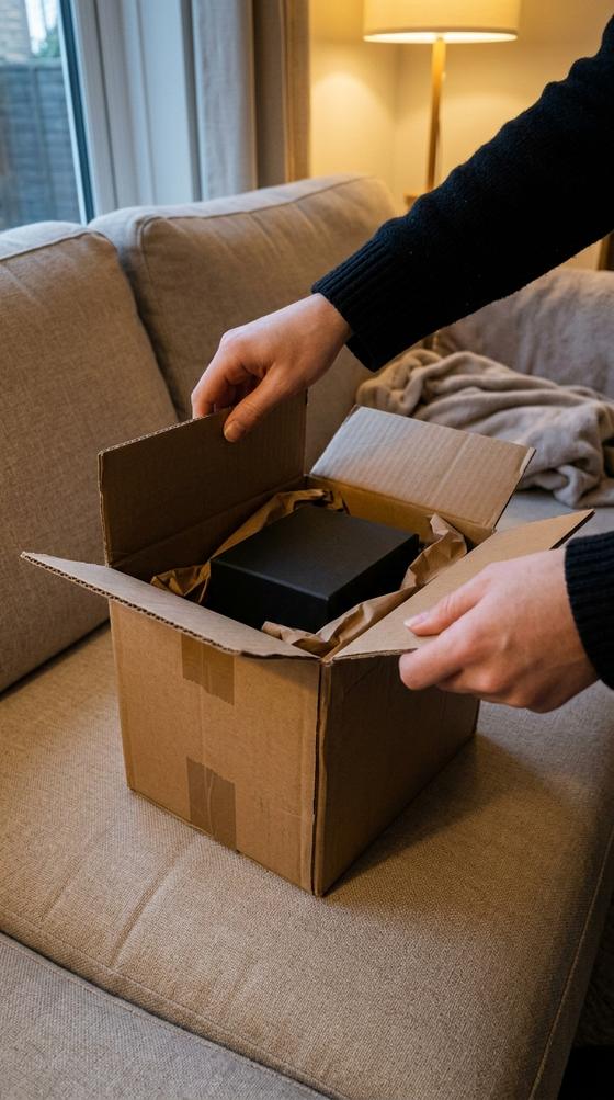 Person öffnet auf dem Sofa einen Paketkarton mit einer schwarzen Produktschachtel darin