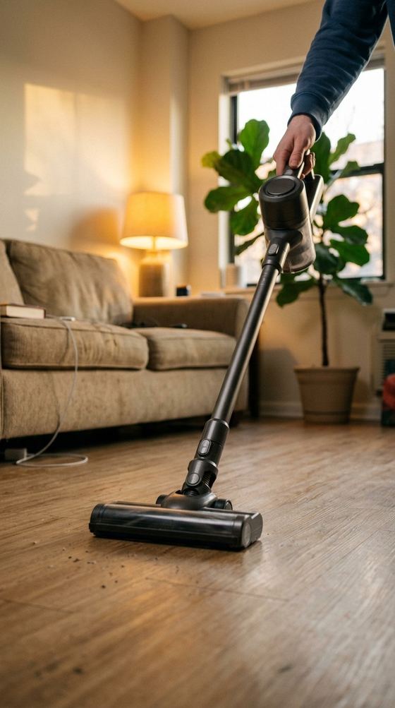 Akkusauger wird in einem hellen Wohnzimmer über den Holzboden geführt