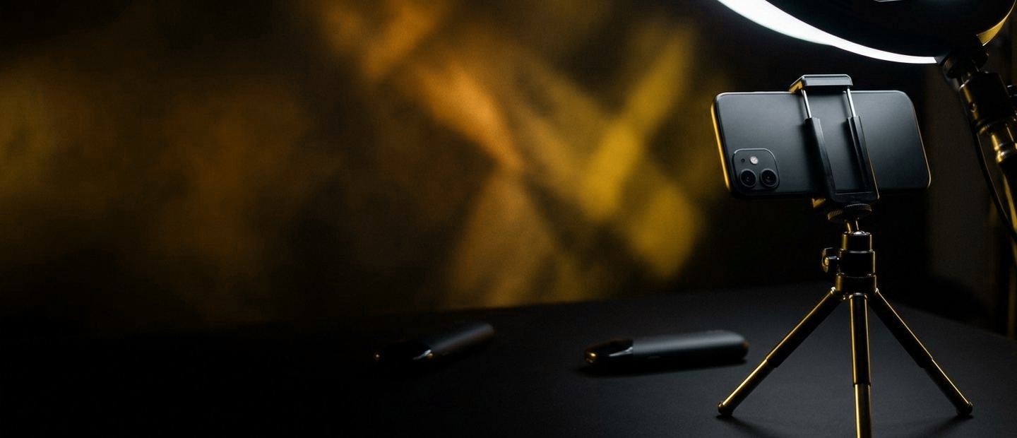Smartphone auf einem Stativ vor einem Ringlicht, im Hintergrund rot orangefarbenes Licht